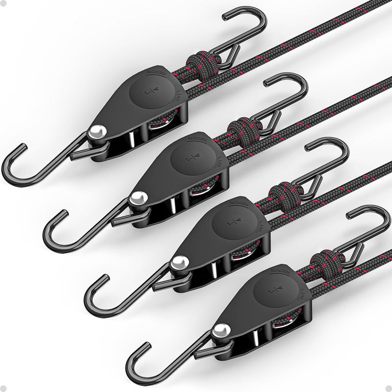 Fondwell 1/4" Rope Tie Downs Ratchet: 4 Pack of Kayak Storage Straps Heavy Duty - Ratcheting Cargo Straps for Various Hanging and Strapping - Image 1